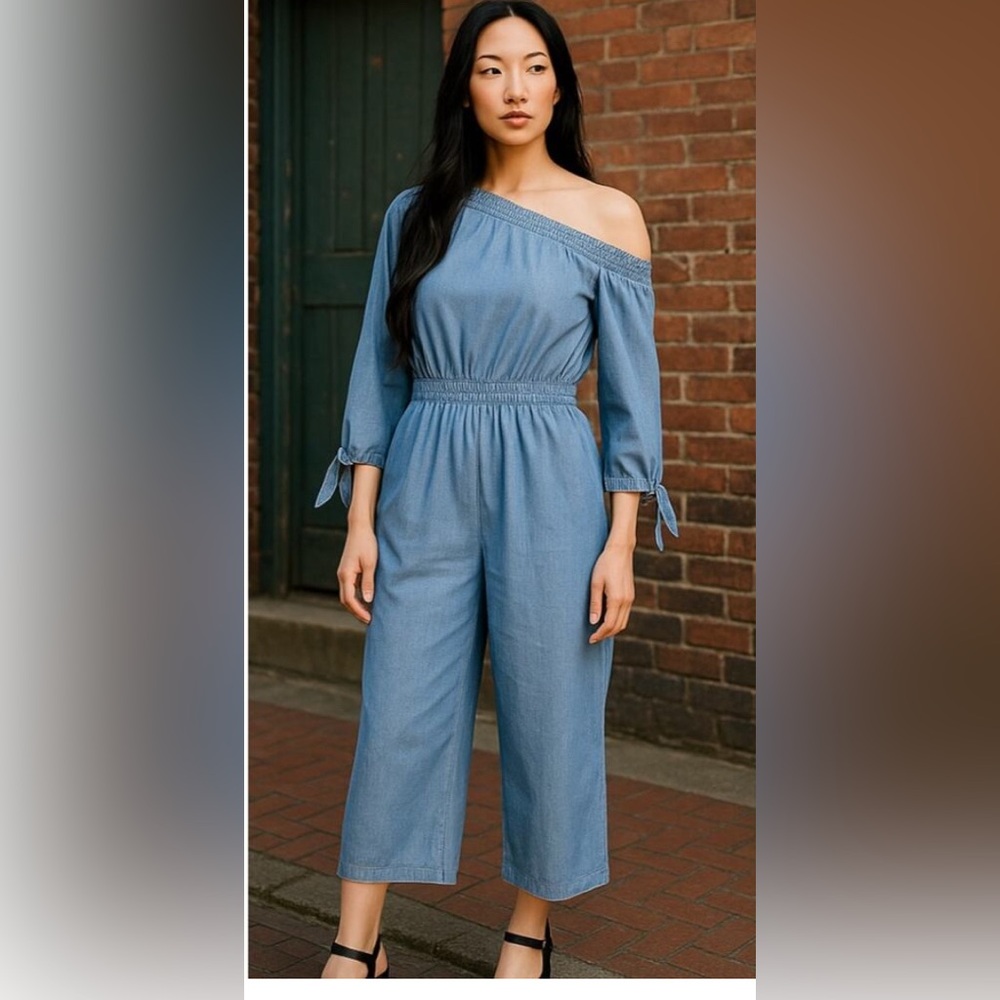 Michael Kors Women's Off The Shoulder Cropped Jumpsuit Blue Size Large NWOT - Picture 2 of 8